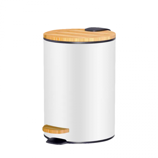 BORMANN BTW9036 Μεταλλικό Καλαθάκι Μπάνιου Λευκό με Ξύλινο Καπάκι 5L,Μηχανισμός Αργού Κλεισίματος