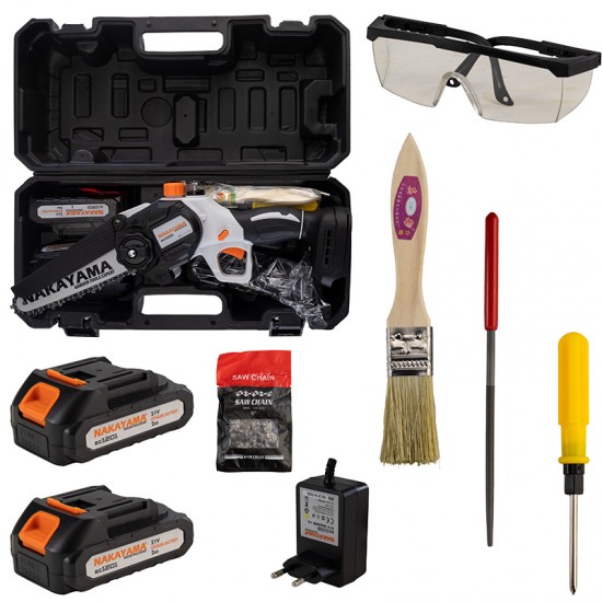 NAKAYAMA EC1100 Κλαδ Αλυσοπρίονο Μπατ 20V, Brushless,Λάμα 15cm,1kg,1/4'' 1,1mm 37Links,10m/s,2x2Ah