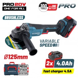 BORMANN Pro BBP3651X44CA Γωνιακός Τροχός Brushless Ρυθμιζόμενος 20V, 3000/5400/8000rpm, 2x4.0Ah