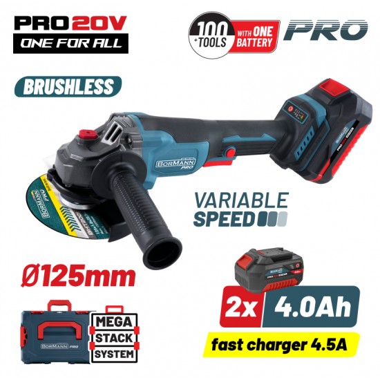 BORMANN Pro BBP3651X44CA Γωνιακός Τροχός Brushless Ρυθμιζόμενος 20V, 3000/5400/8000rpm, 2x4.0Ah